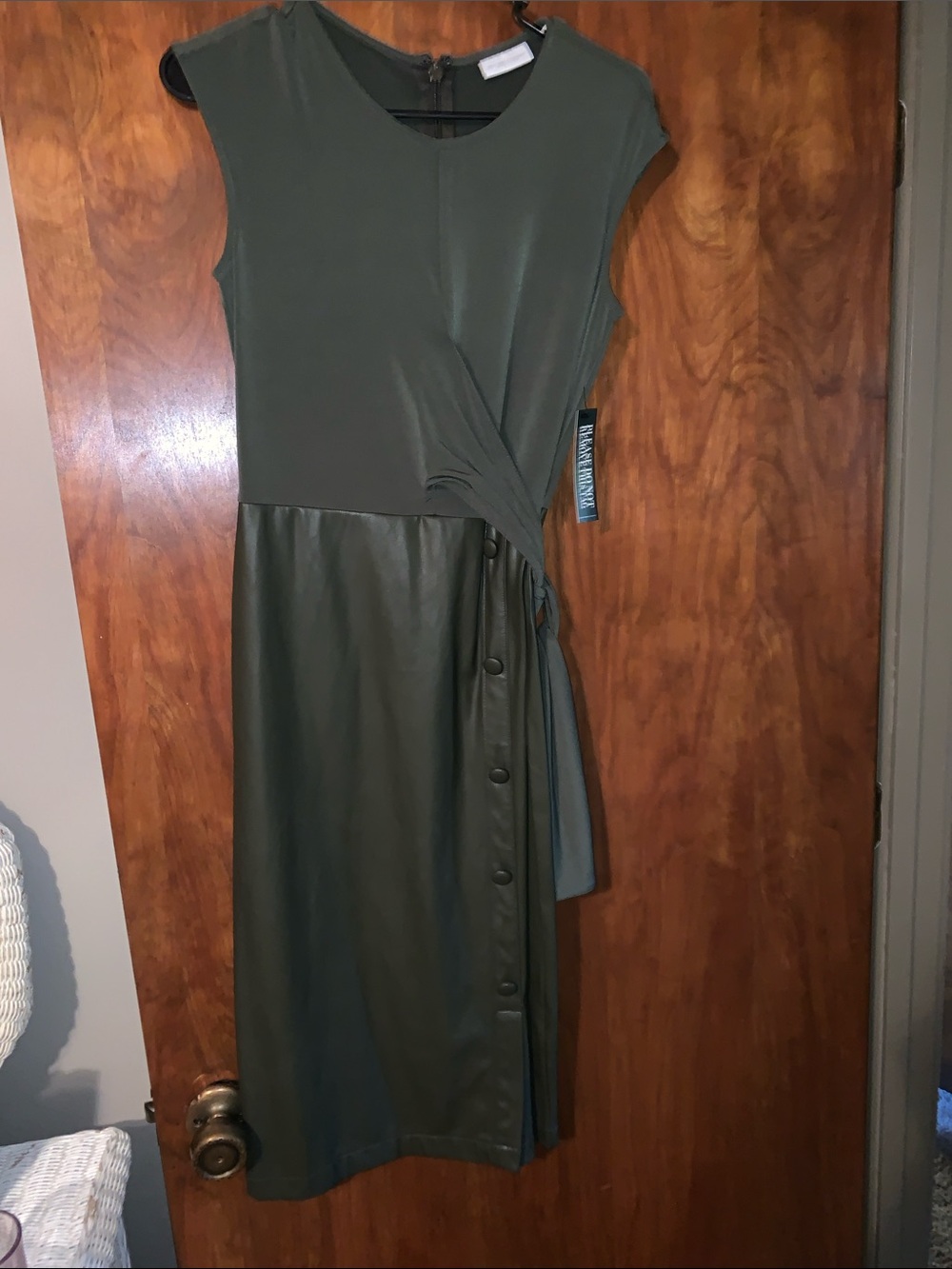 New York & Company Olive Green Midi Dress with Faux-Leather Skirt